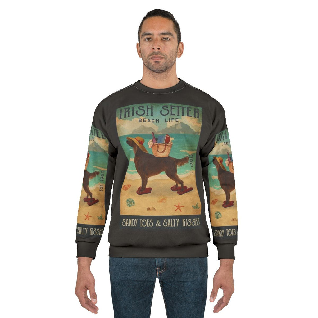 Vintage-inspired Irish Setter dog sweatshirt with beach life and sandy toes design