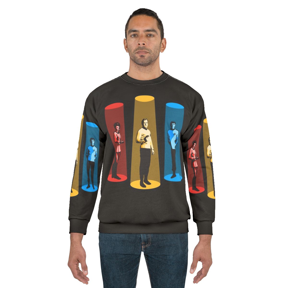 Beam me up Scotty Star Trek sweatshirt design with USS Enterprise and space imagery
