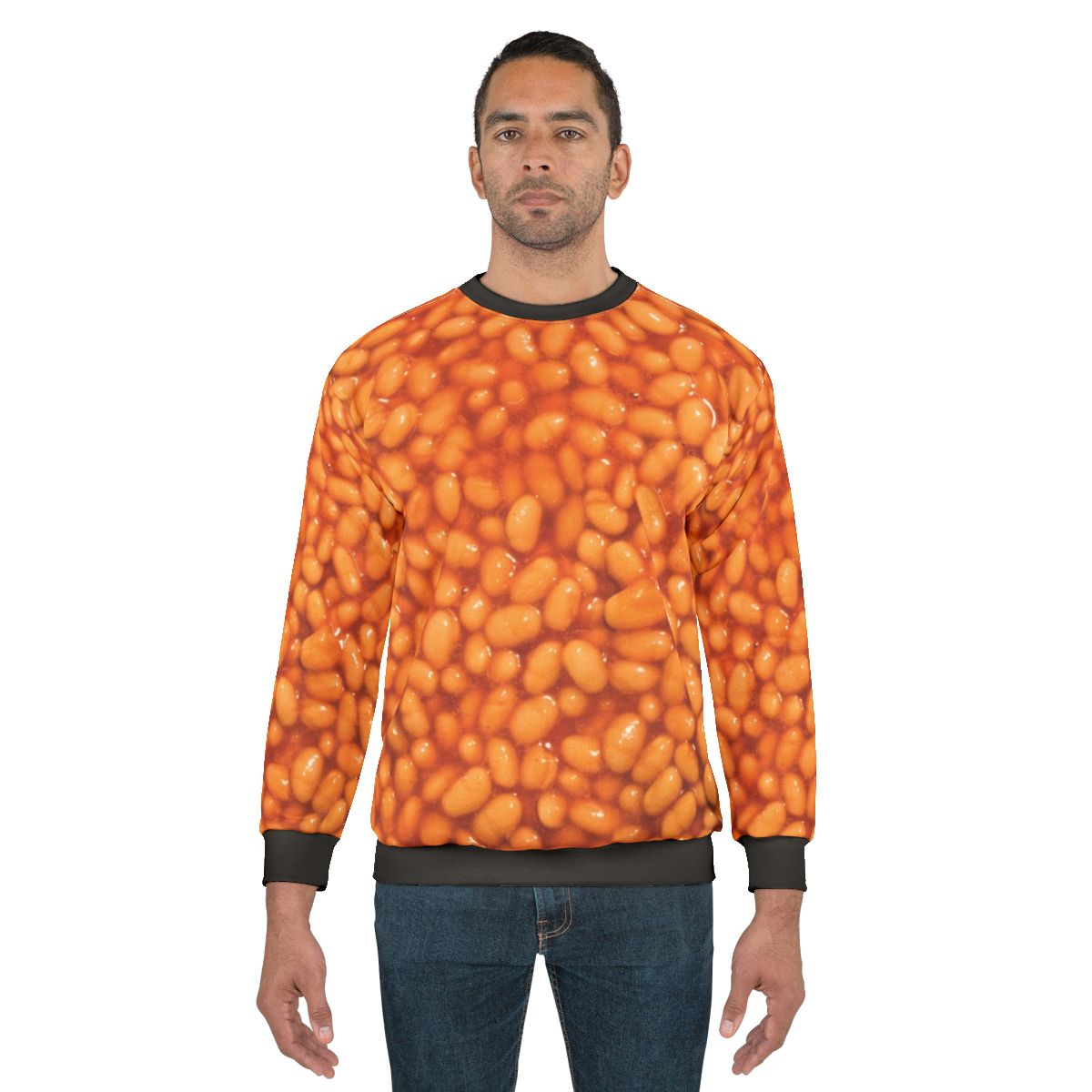 Baked beans sweatshirt with a humorous and ironic design