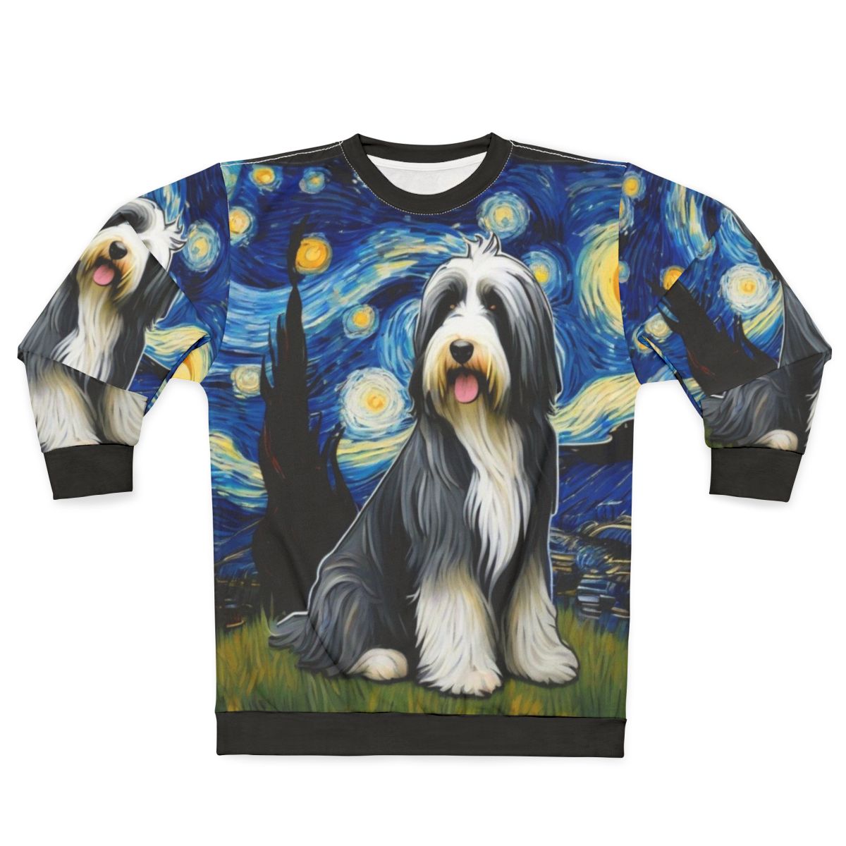 Bearded collie dog in starry night sweatshirt