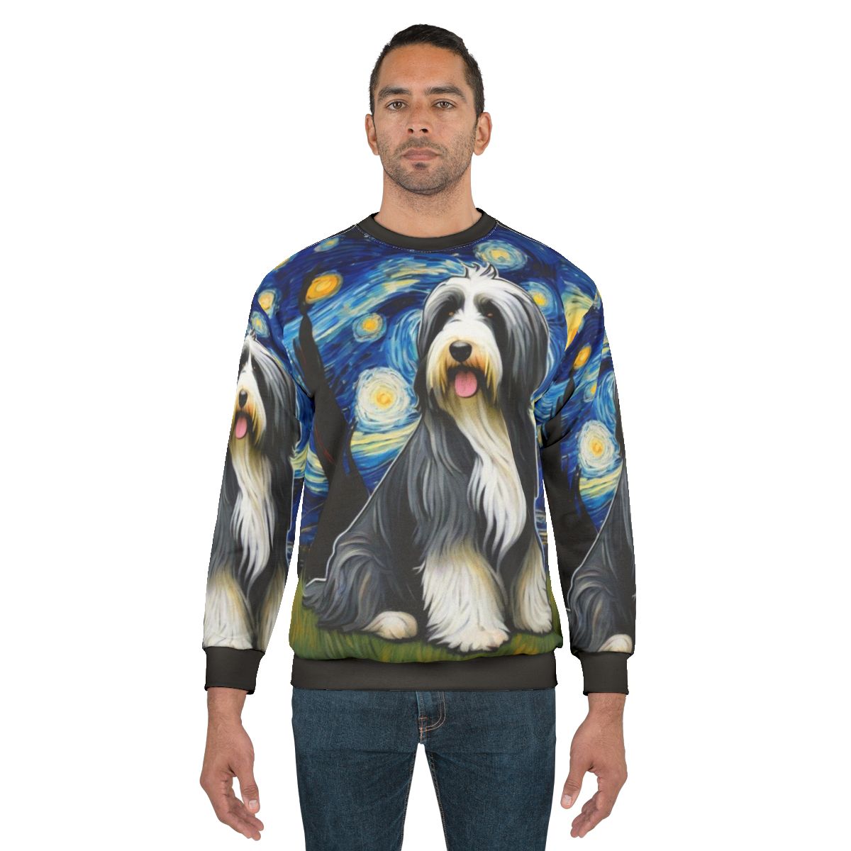 Bearded collie dog in starry night sweatshirt