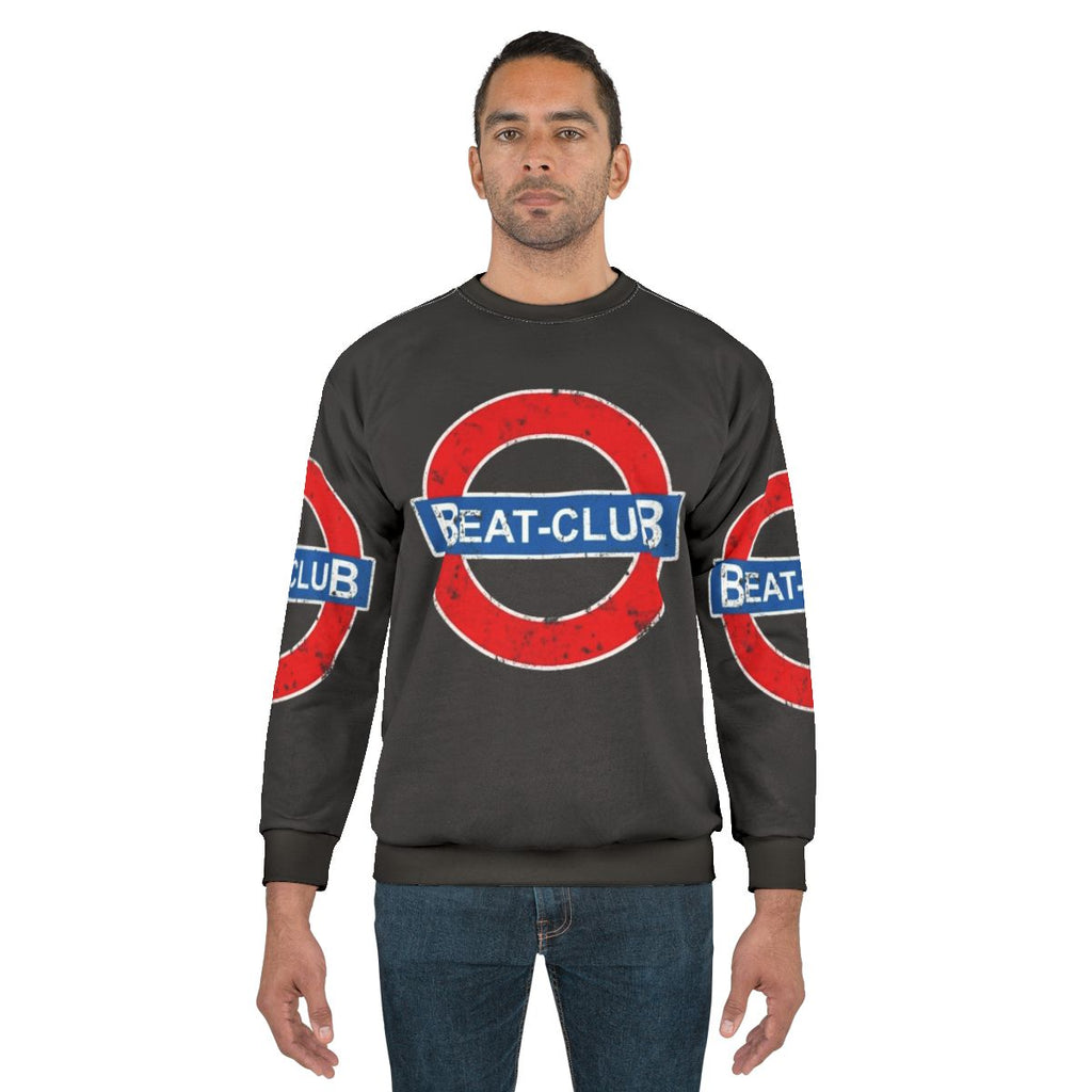 Vintage-inspired Beat Club sweatshirt with classic rock imagery