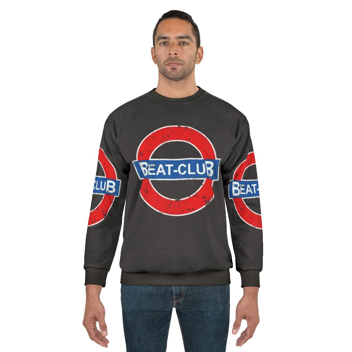 Vintage-inspired Beat Club sweatshirt with classic rock imagery