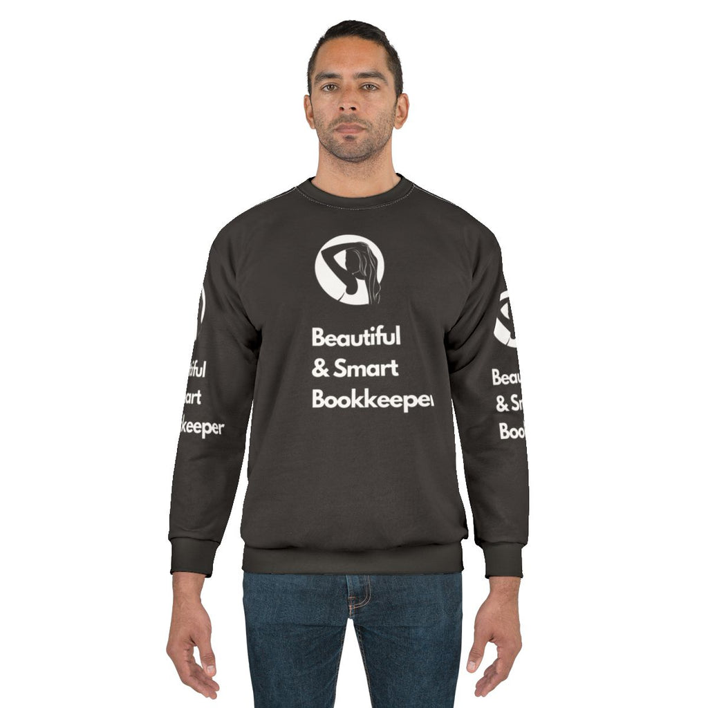 Beautiful and smart female bookkeeper wearing a stylish sweatshirt