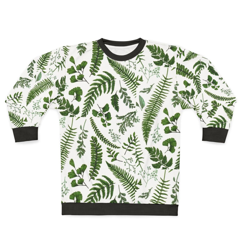 Green ferns and leaves botanical print on sweatshirt