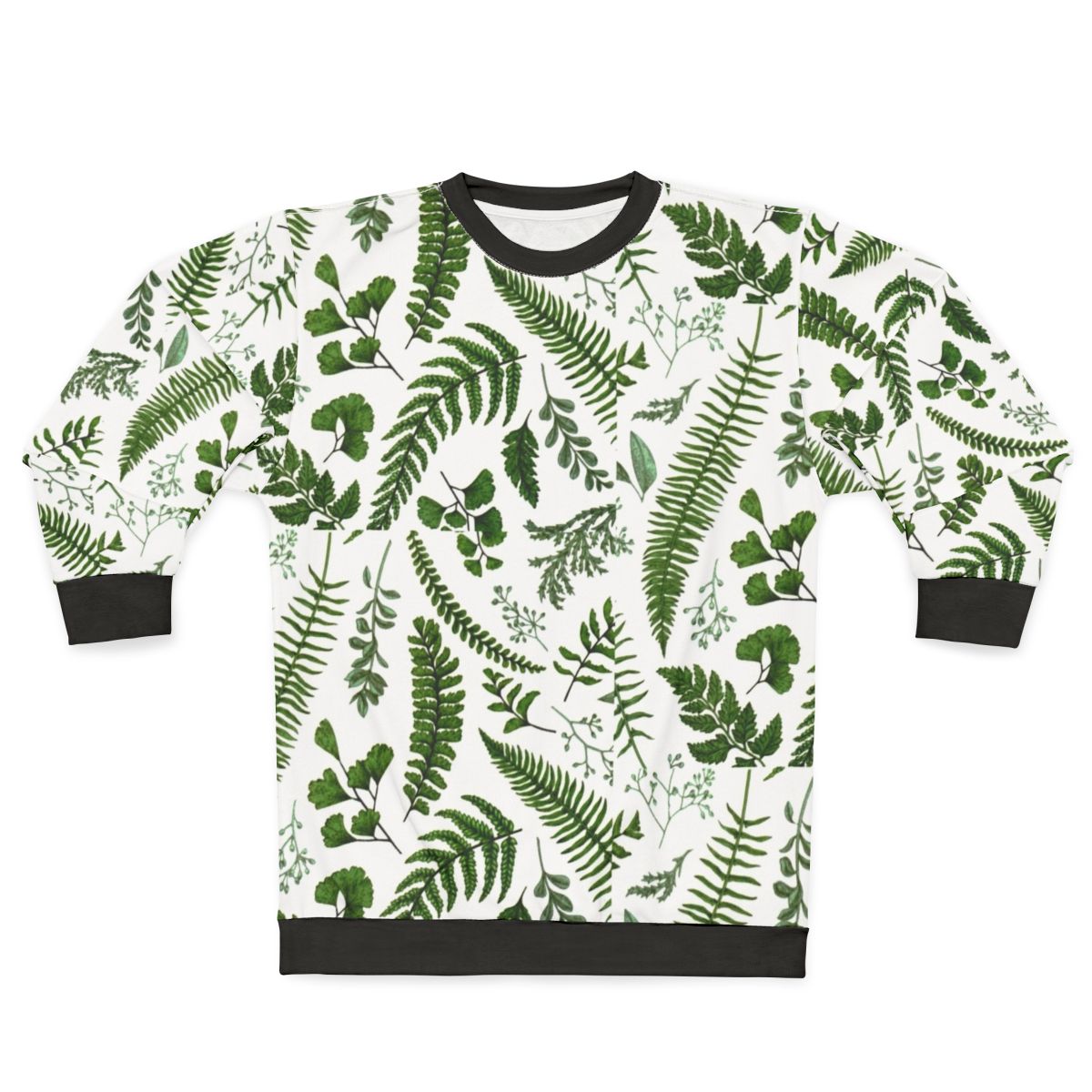 Green ferns and leaves botanical print on sweatshirt