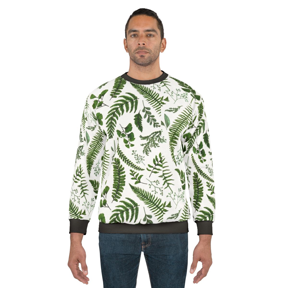 Green ferns and leaves botanical print on sweatshirt