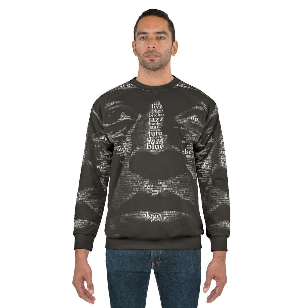 Stylish jazz-inspired sweatshirt featuring a music theme