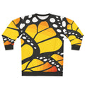 Monarch butterfly orange sweatshirt with colorful abstract pattern
