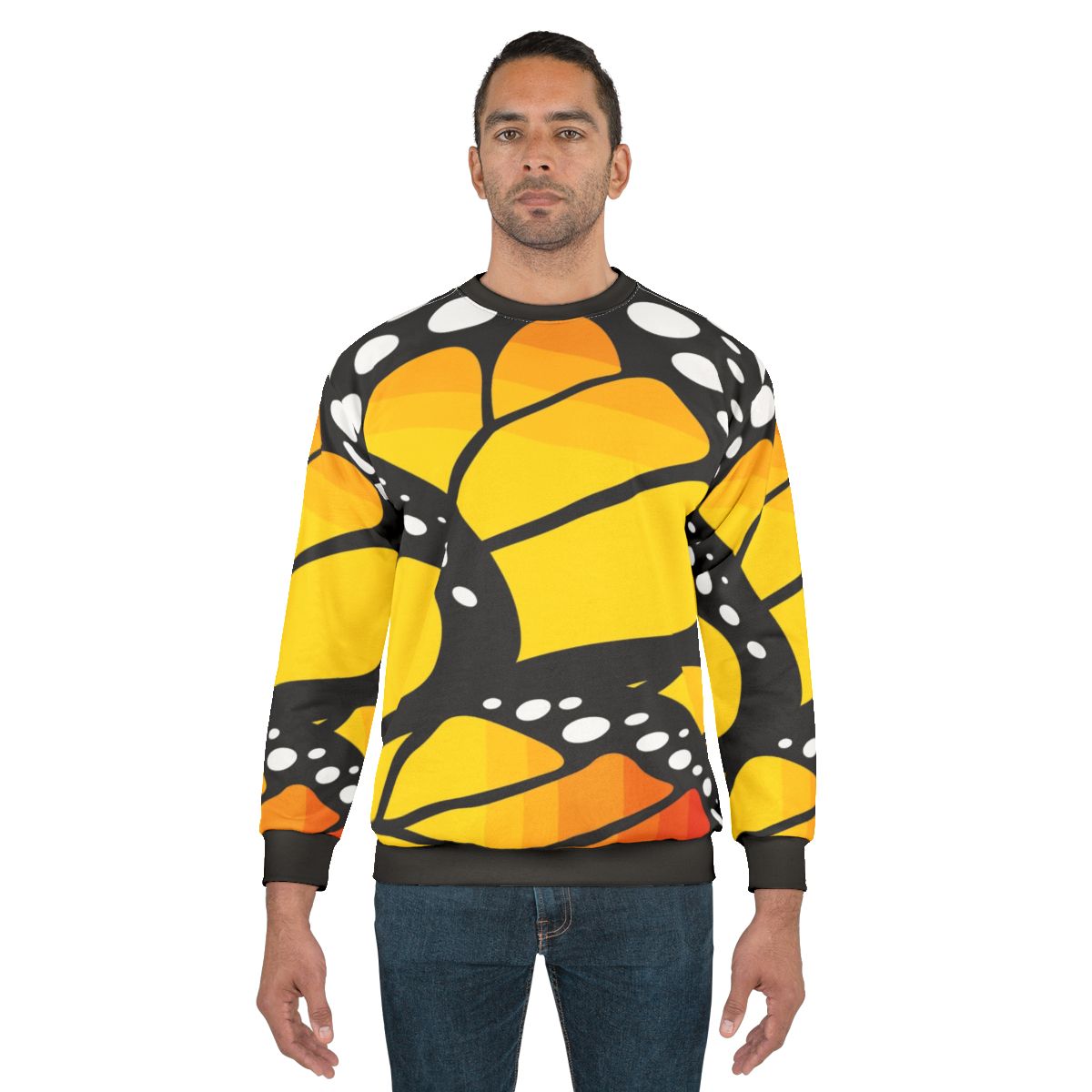 Monarch butterfly orange sweatshirt with colorful abstract pattern