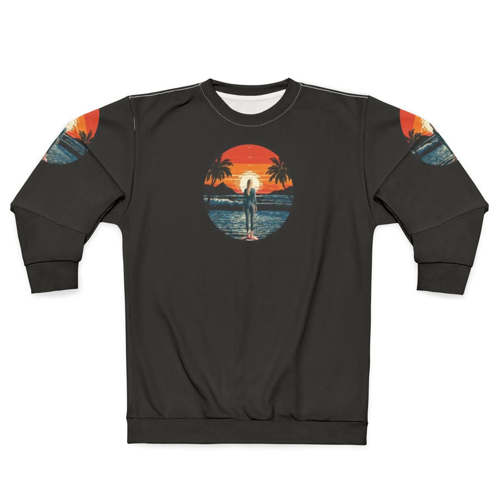 Sunset surfer sweatshirt featuring a beautiful California coastal scene