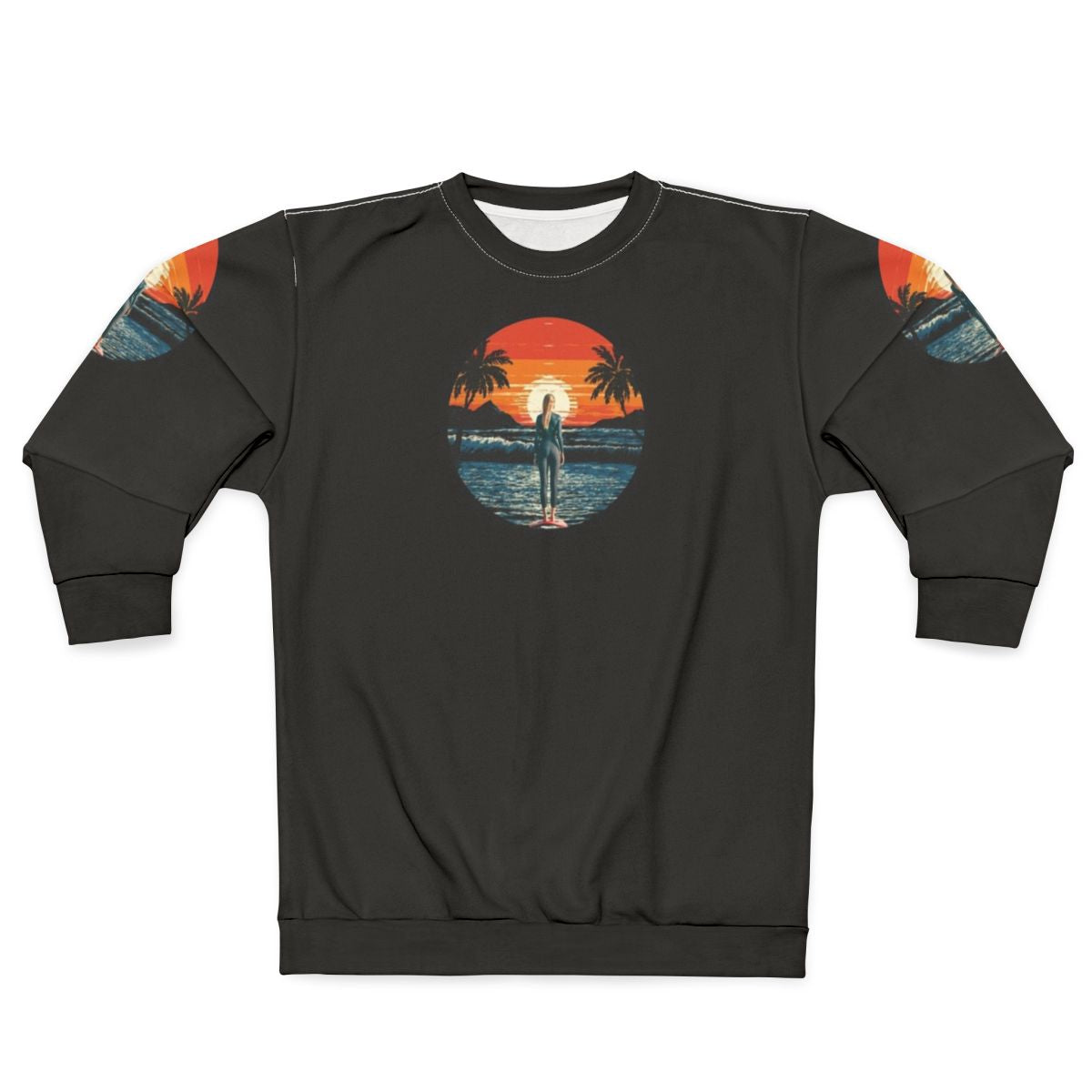 Sunset surfer sweatshirt featuring a beautiful California coastal scene