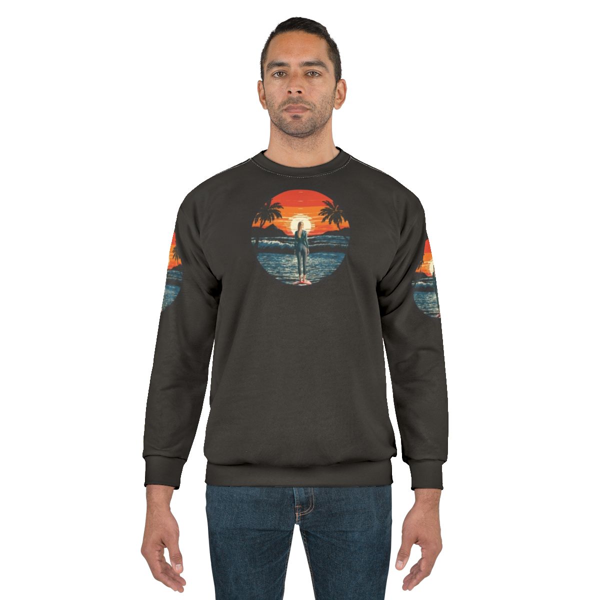 Sunset surfer sweatshirt featuring a beautiful California coastal scene
