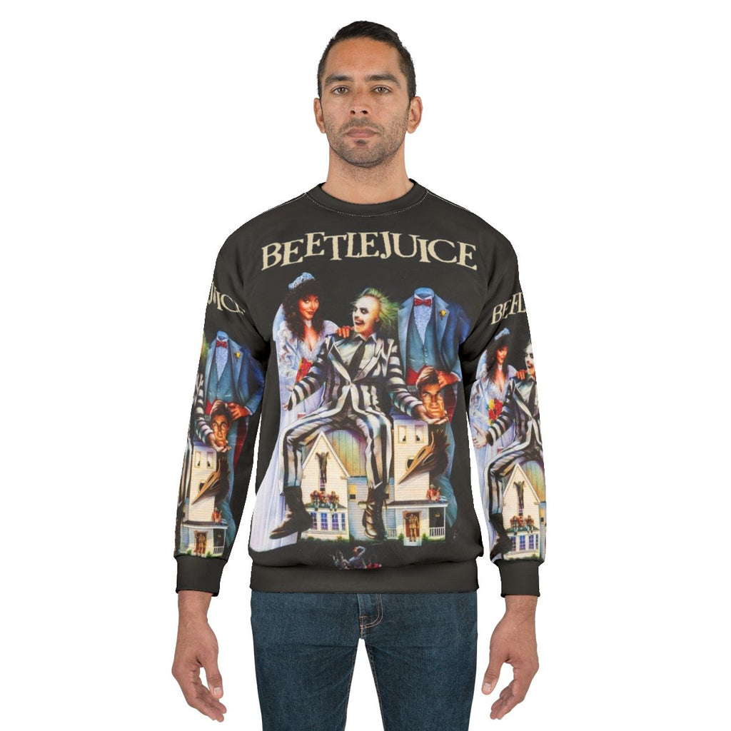 Beetlejuice themed sweatshirt with gothic and horror design