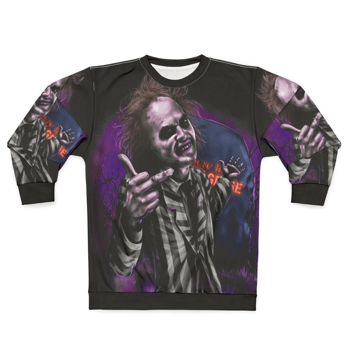 Beetlejuice inspired sweatshirt with dark and gothic design
