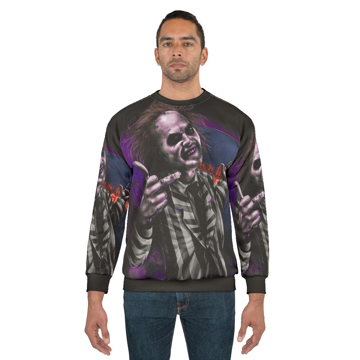 Beetlejuice inspired sweatshirt with dark and gothic design
