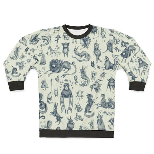 Sweatshirt with a pattern of mythical creatures like Bigfoot, Nessie, and dragons in a pastel, nature-inspired design