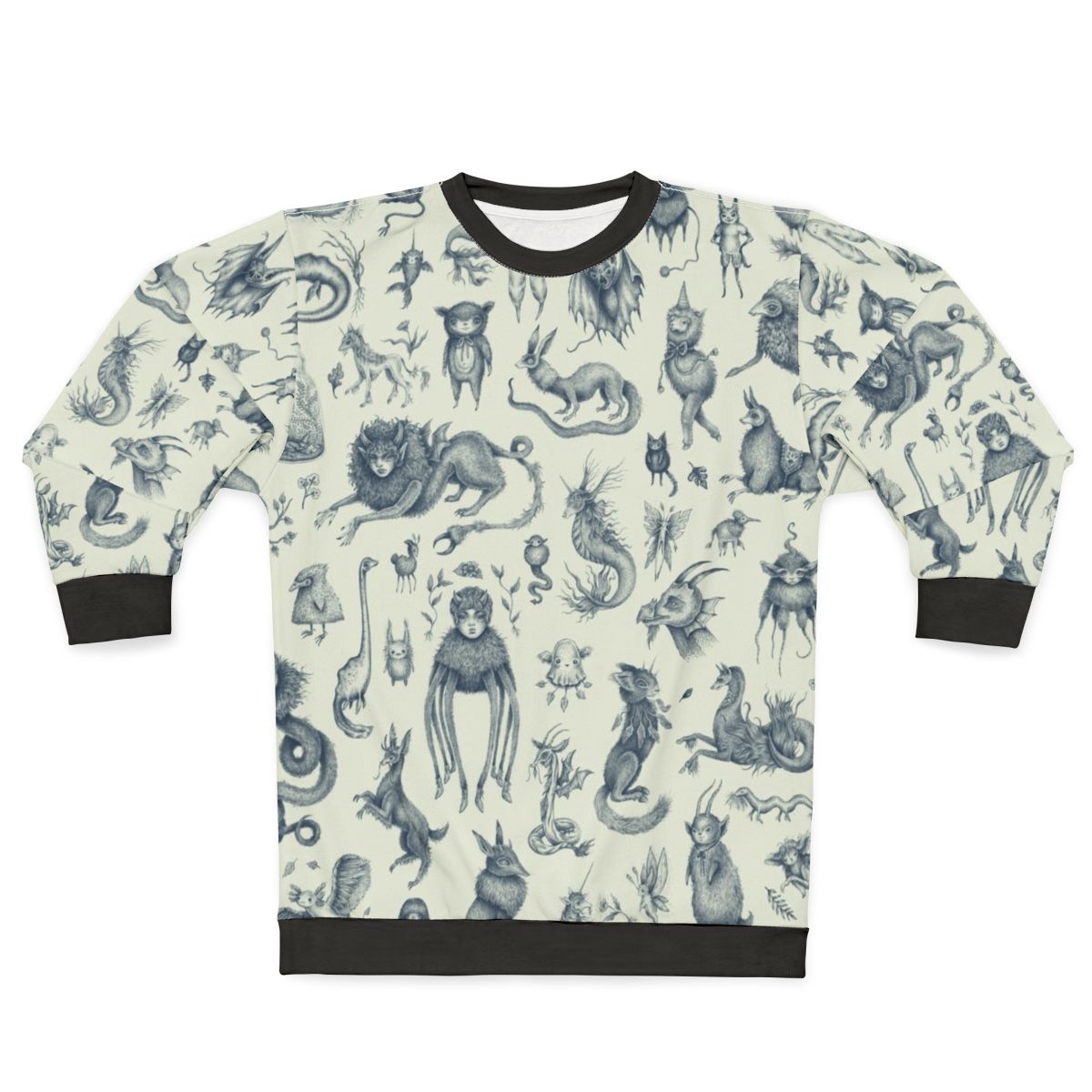 Sweatshirt with a pattern of mythical creatures like Bigfoot, Nessie, and dragons in a pastel, nature-inspired design