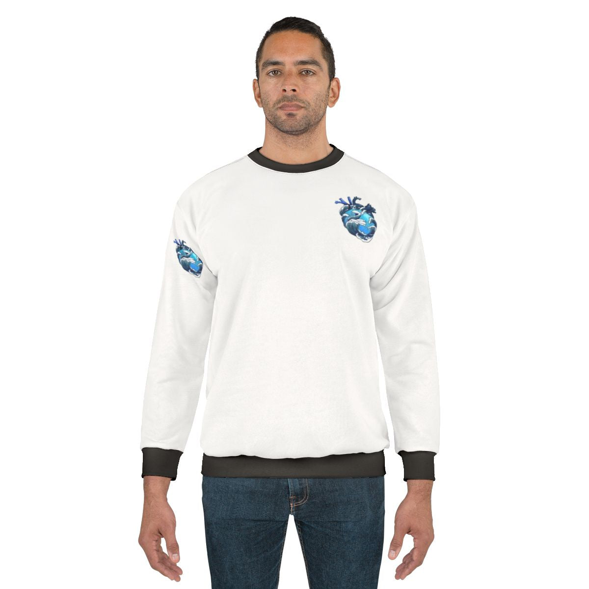 Ocean-inspired anatomical heart design on blue sweatshirt