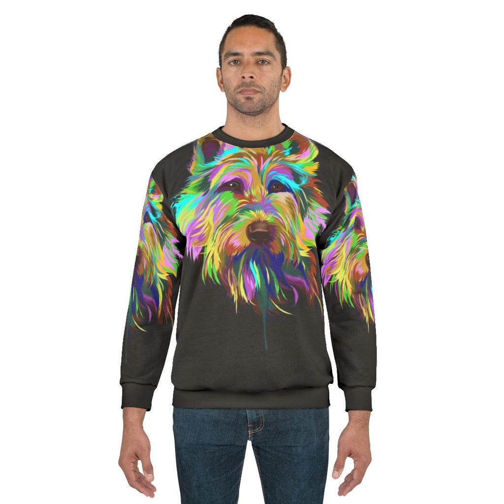 Berger de Picardie dog on a colorful splash print sweatshirt