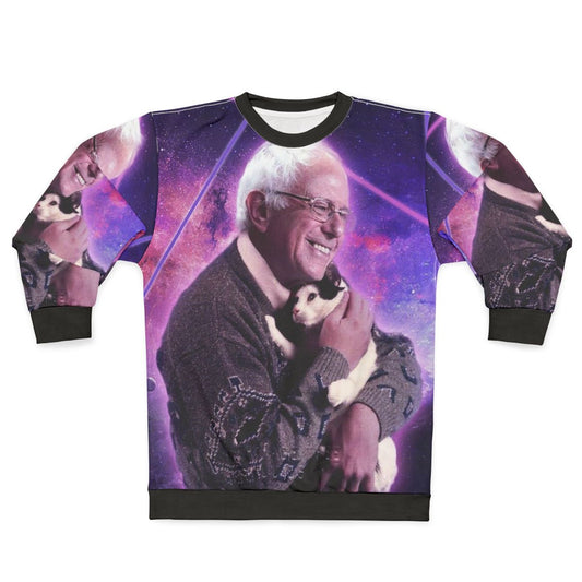 Cosmic cat wearing a Bernie Sanders halftone graphic sweatshirt