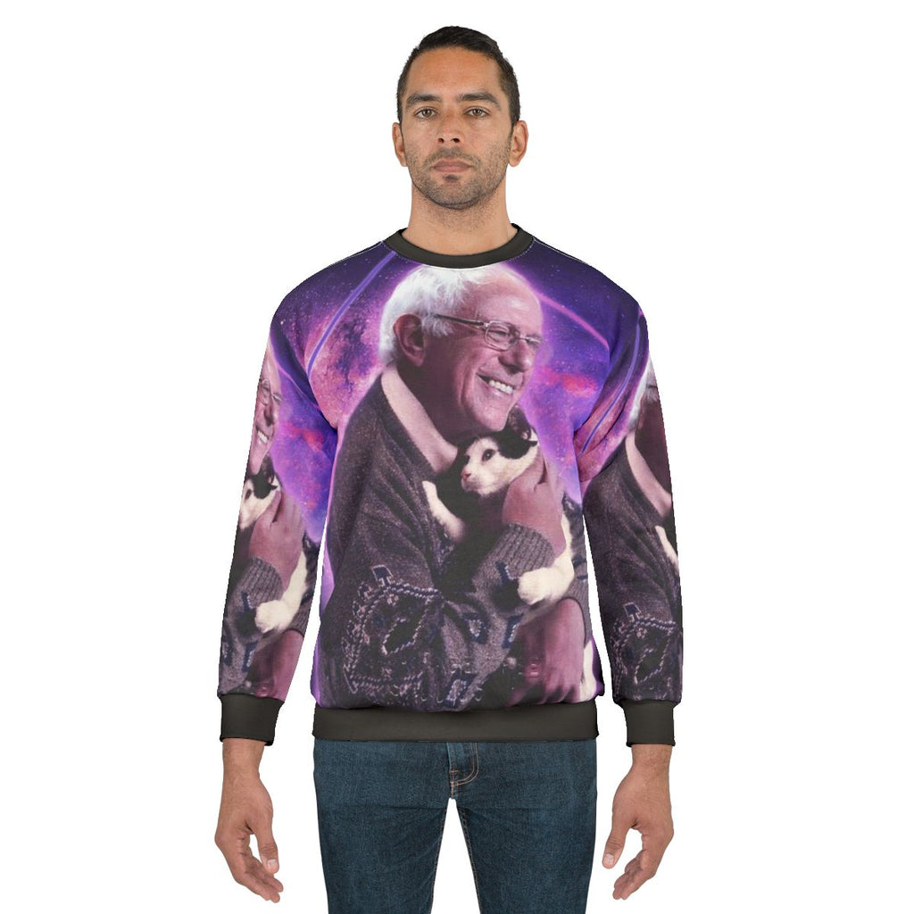 Cosmic cat wearing a Bernie Sanders halftone graphic sweatshirt