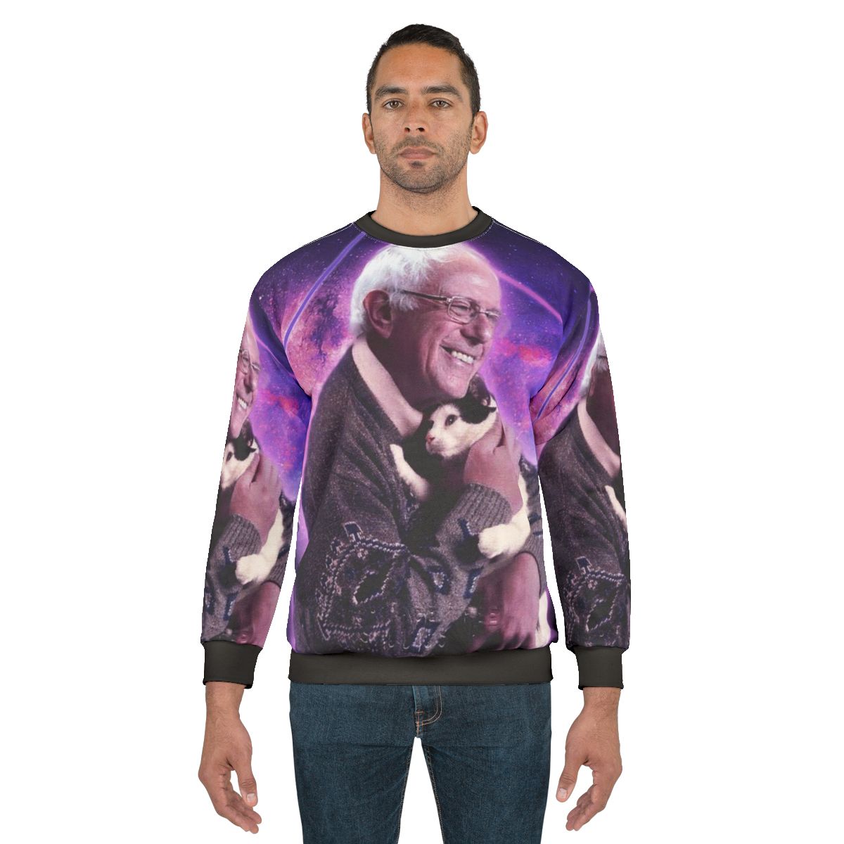 Cosmic cat wearing a Bernie Sanders halftone graphic sweatshirt