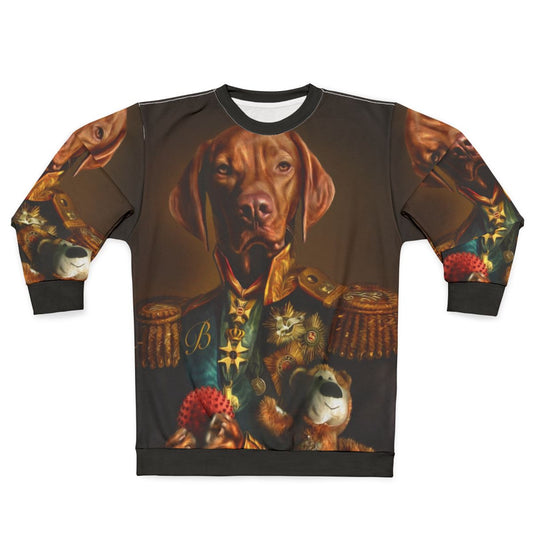 Hungarian Vizsla dog wearing a sweatshirt with a portrait of itself