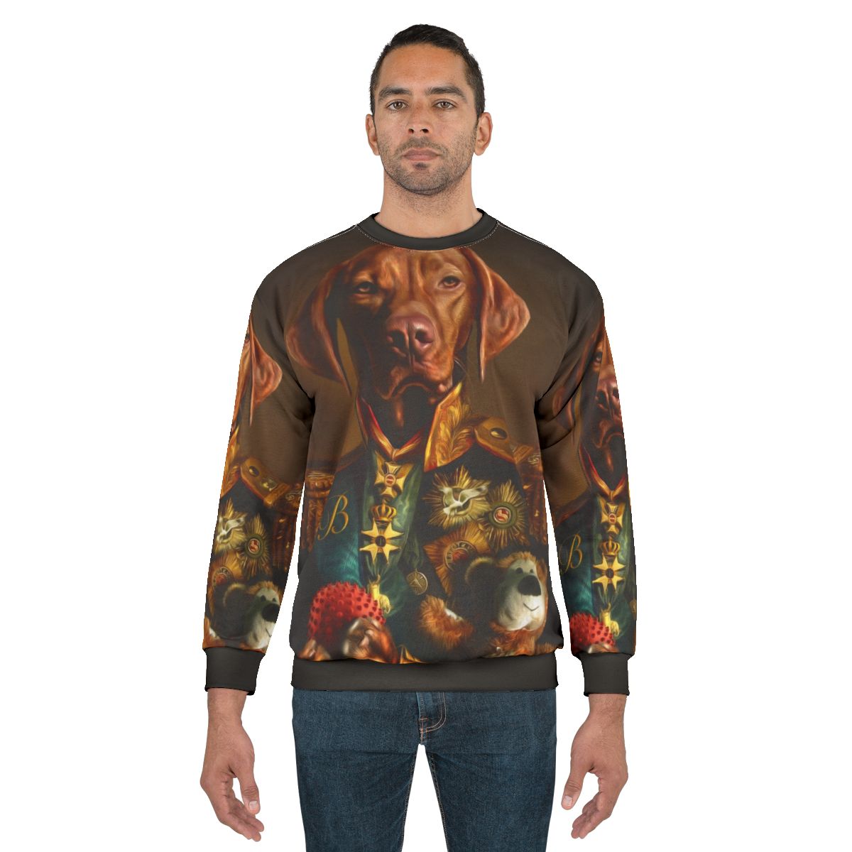 Hungarian Vizsla dog wearing a sweatshirt with a portrait of itself