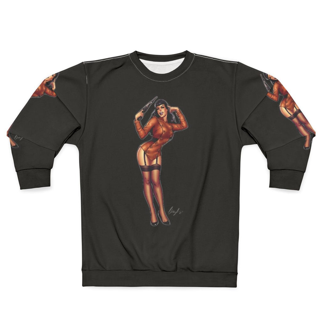 Vintage-inspired Bettie Page sweatshirt with The Rocketeer design