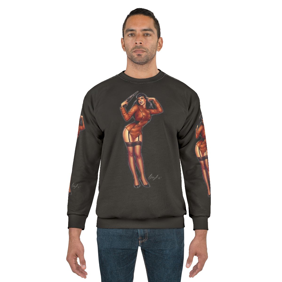 Vintage-inspired Bettie Page sweatshirt with The Rocketeer design