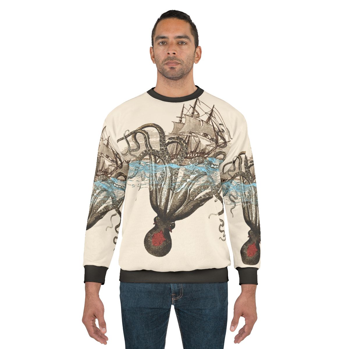 A person wearing a sweatshirt with a kraken design