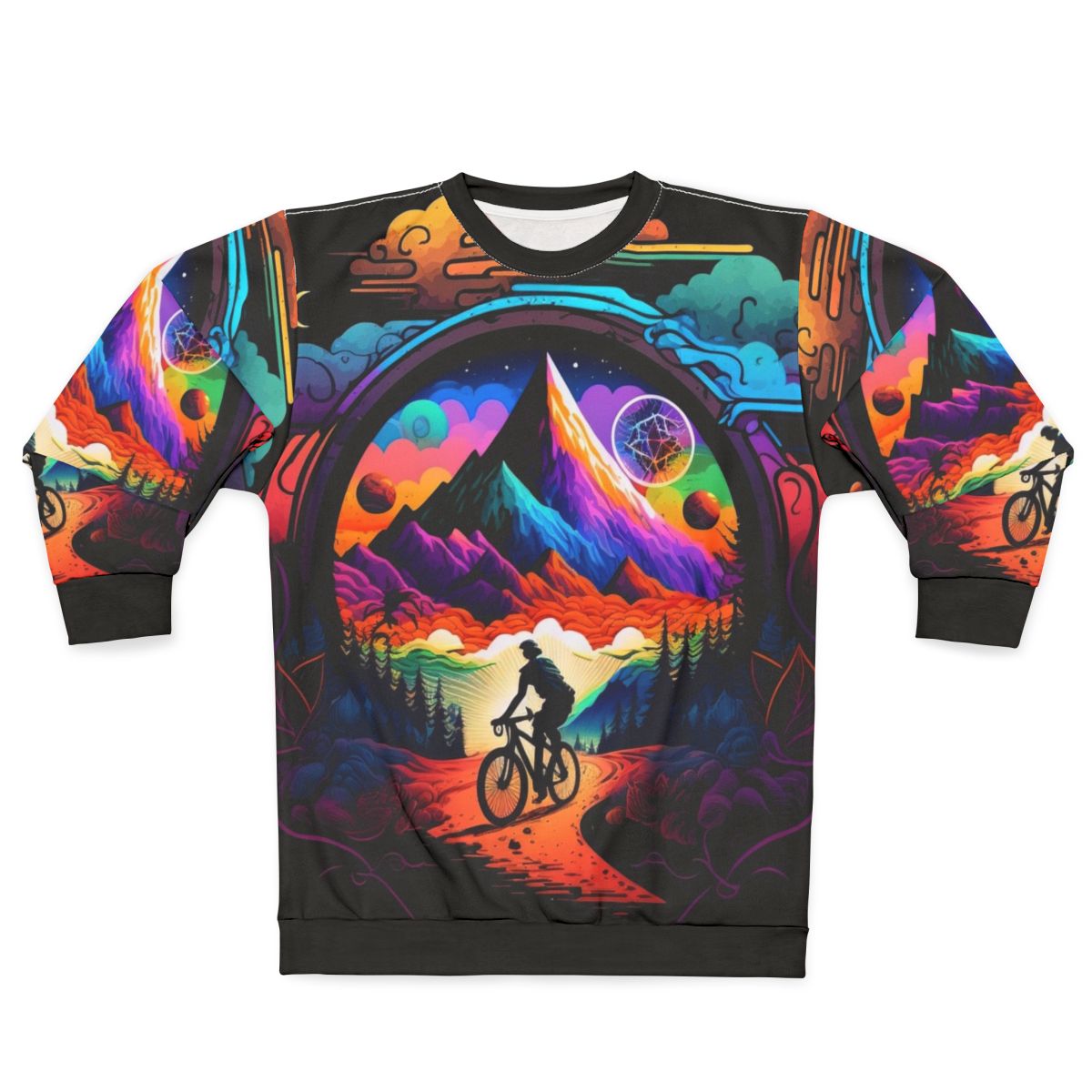 Psychedelic art sweatshirt featuring trippy, colorful design inspired by 1943 Bicycle Day