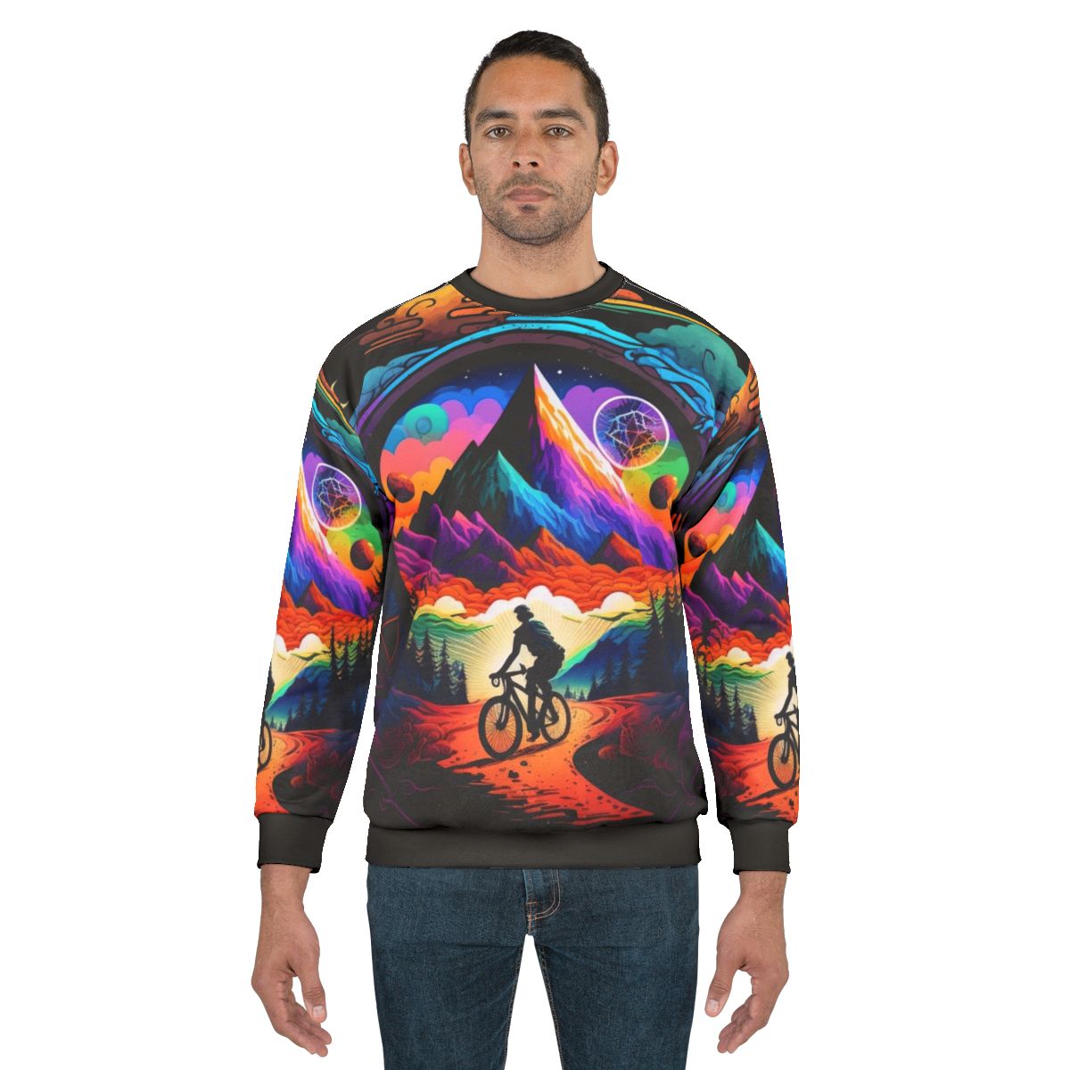 Psychedelic art sweatshirt featuring trippy, colorful design inspired by 1943 Bicycle Day