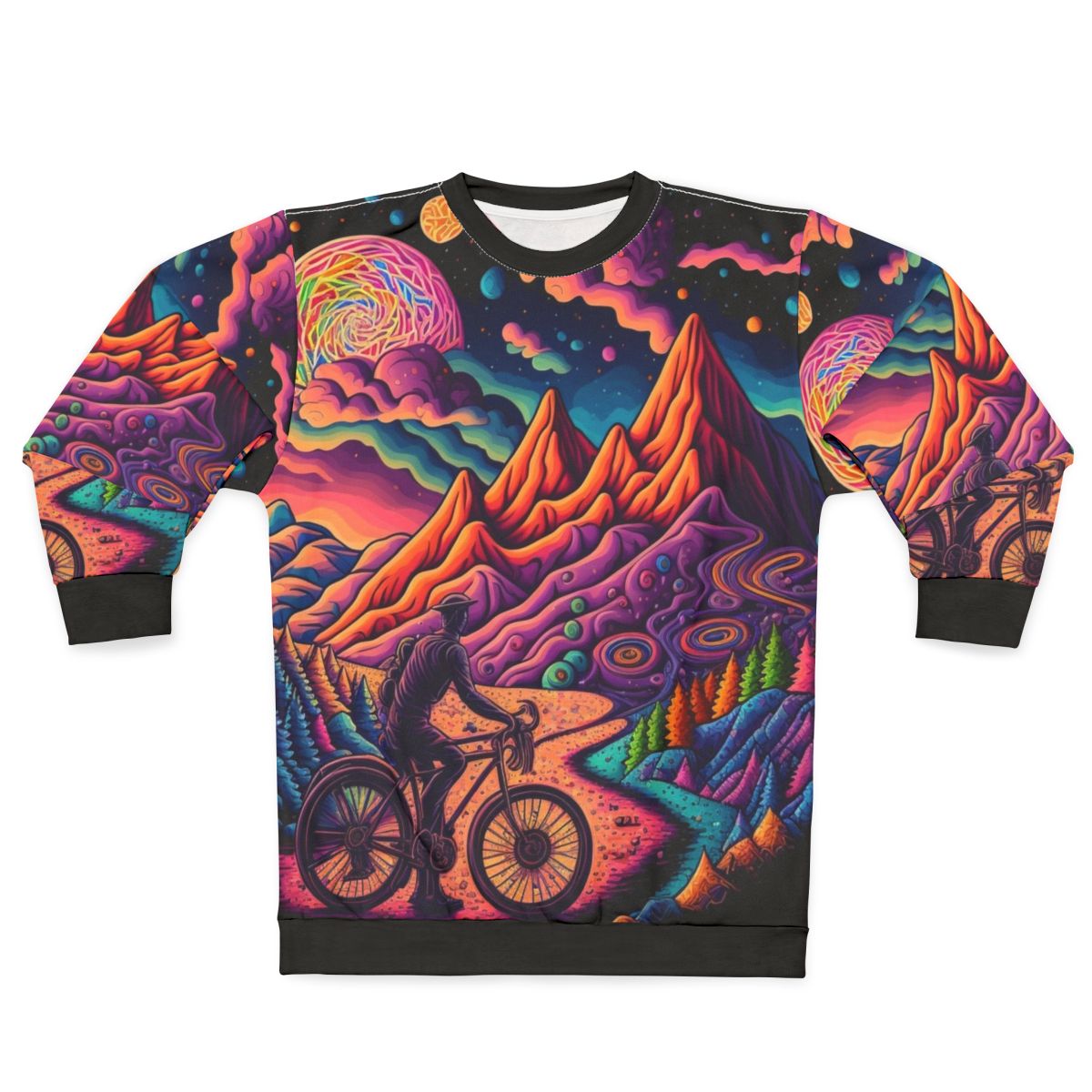 Psychedelic art sweatshirt featuring colorful 1943 bicycle design
