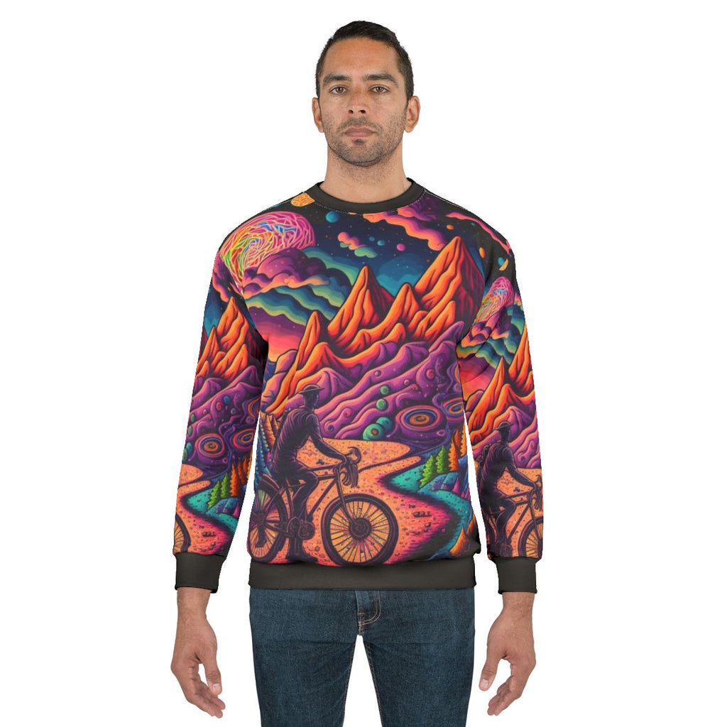 Psychedelic art sweatshirt featuring colorful 1943 bicycle design