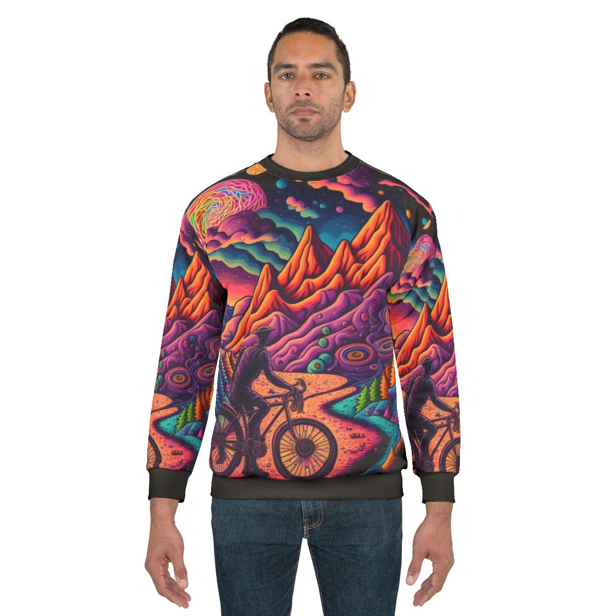 Psychedelic art sweatshirt featuring colorful 1943 bicycle design