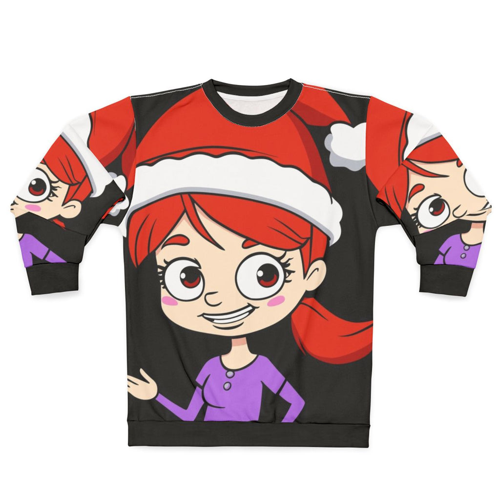 Jessi from the TV show "Big Mouth" wearing a Santa hat on a vibrant sweatshirt