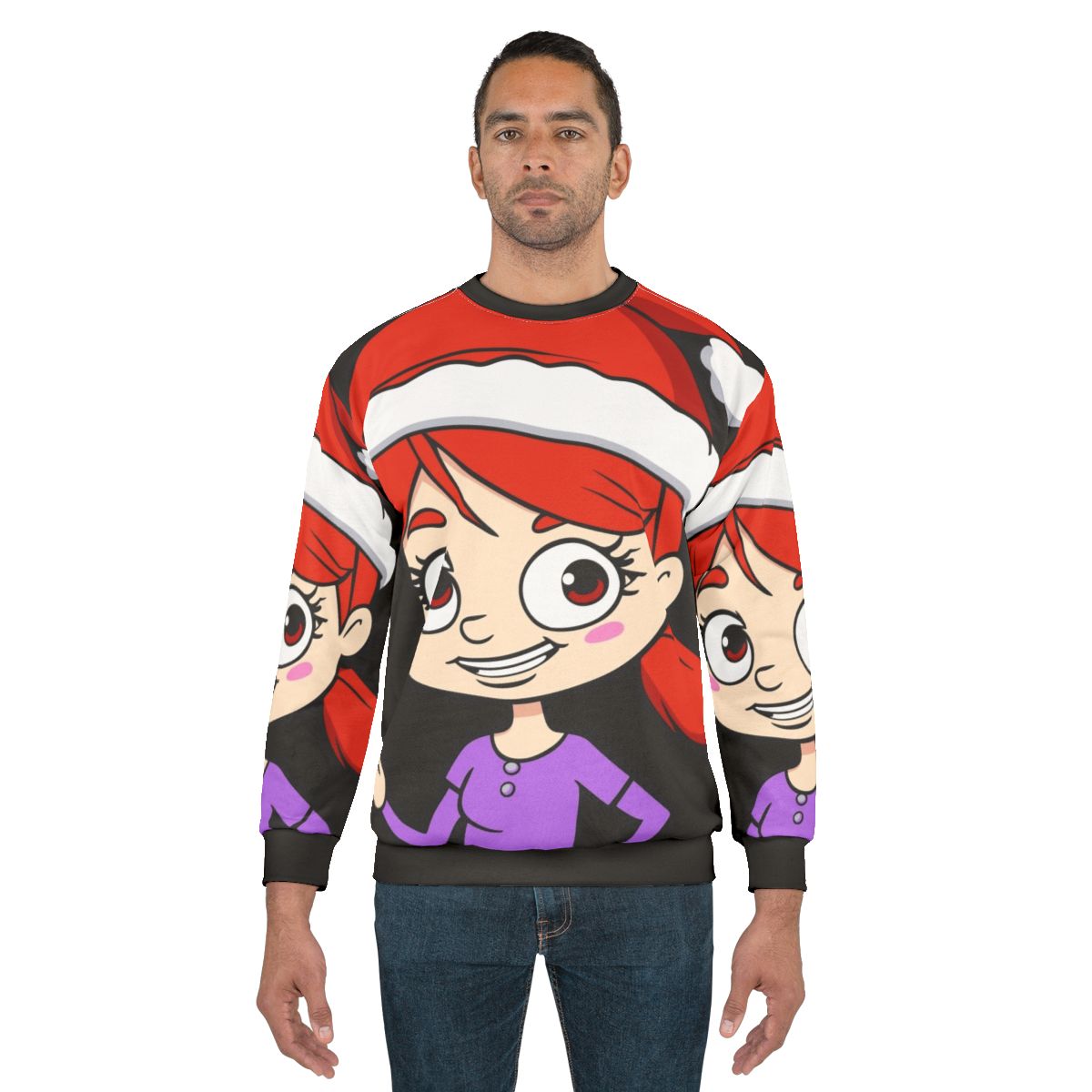 Jessi from the TV show "Big Mouth" wearing a Santa hat on a vibrant sweatshirt