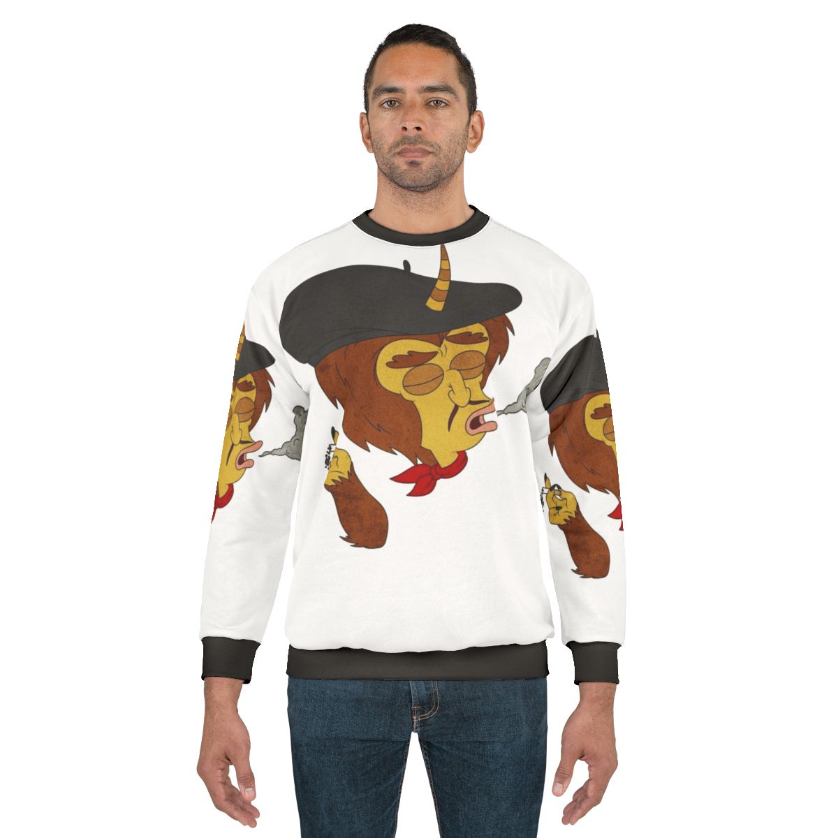 Man wearing Big Mouth Maury Sweatshirt