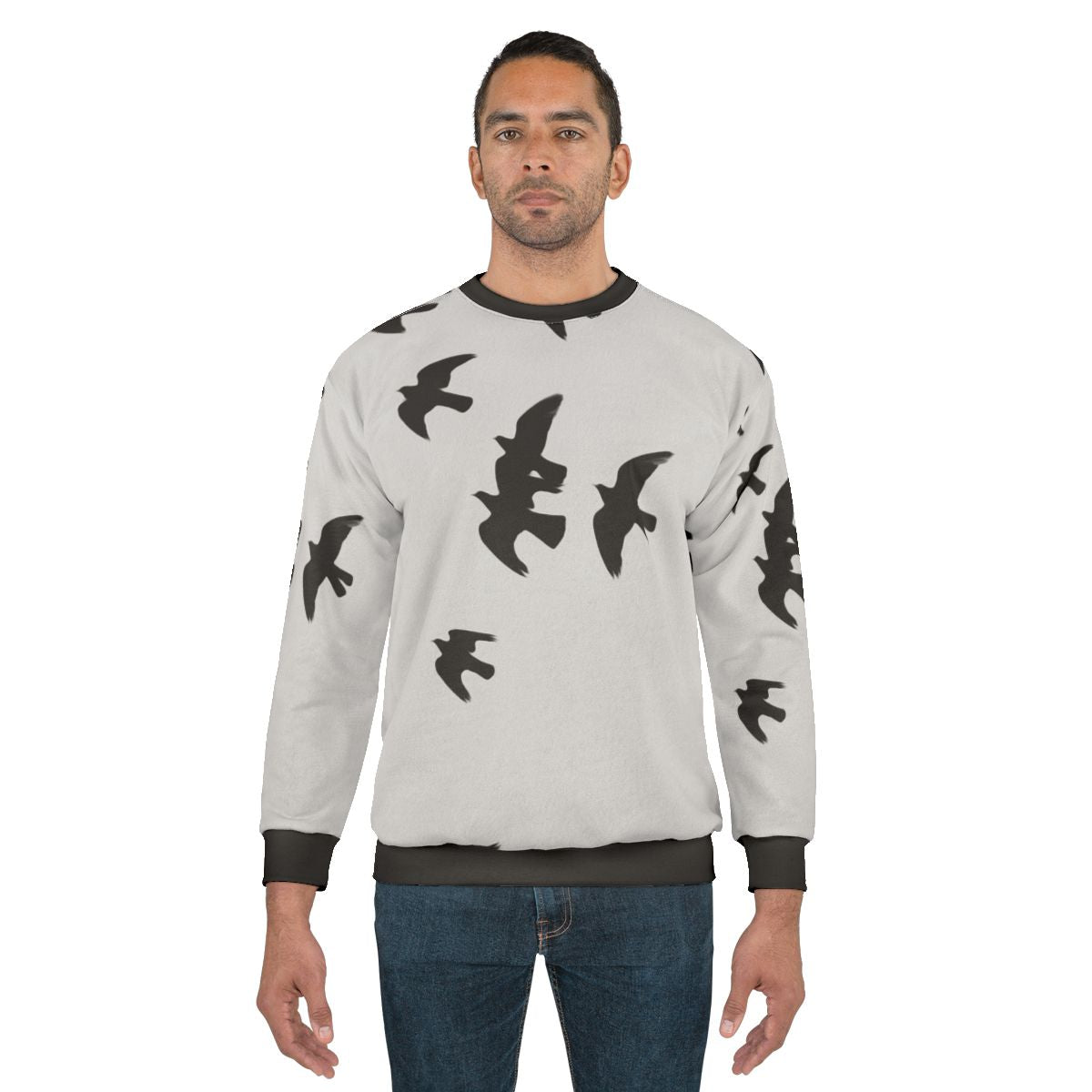 Black sweatshirt with a design of migratory birds in flight