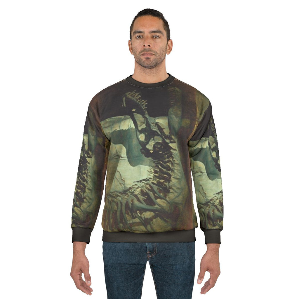 Jurassic dinosaur "Bite Me" sweatshirt with fossil and bone design