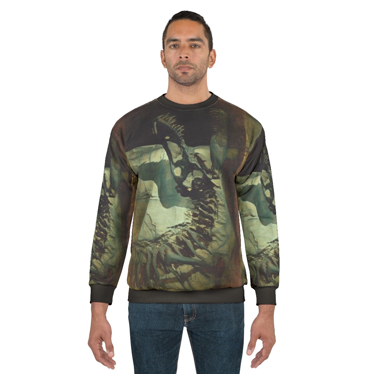 Jurassic dinosaur "Bite Me" sweatshirt with fossil and bone design