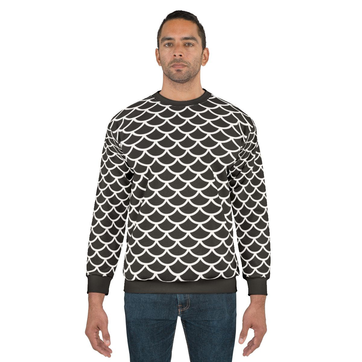 Black and white fish scale geometric pattern sweatshirt