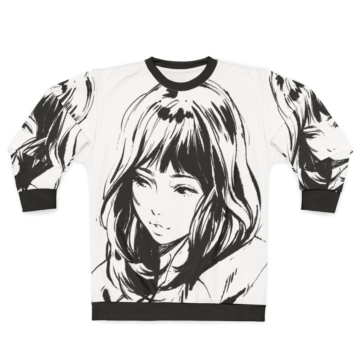 Black and white sweatshirt with minimalist anime-style graphic