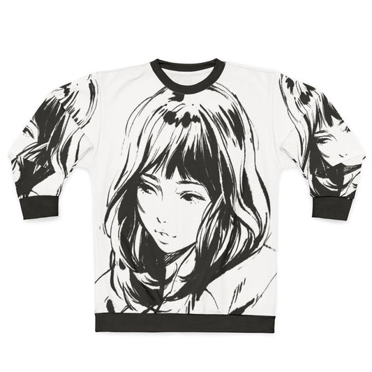 Black and white sweatshirt with minimalist anime-style graphic