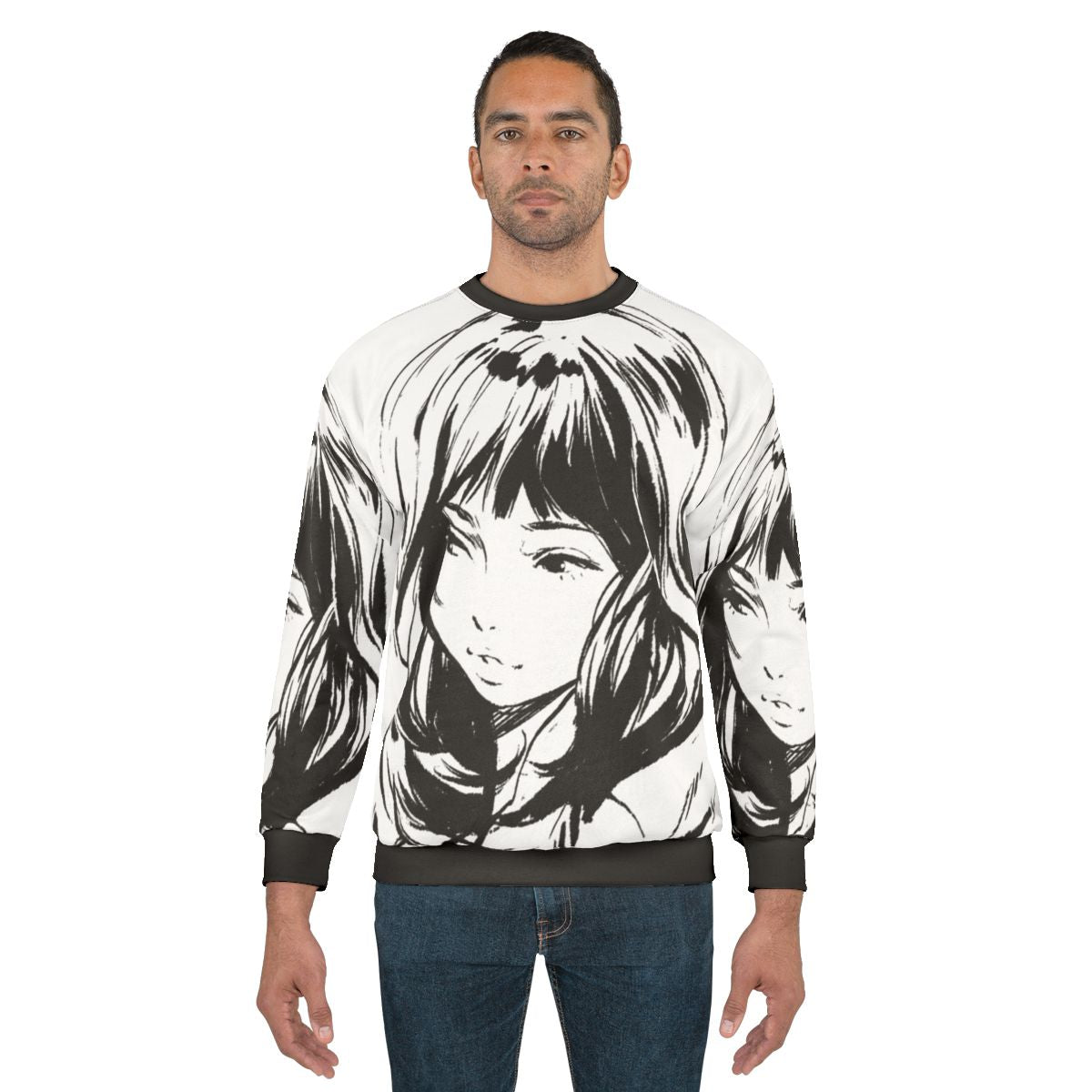 Black and white sweatshirt with minimalist anime-style graphic