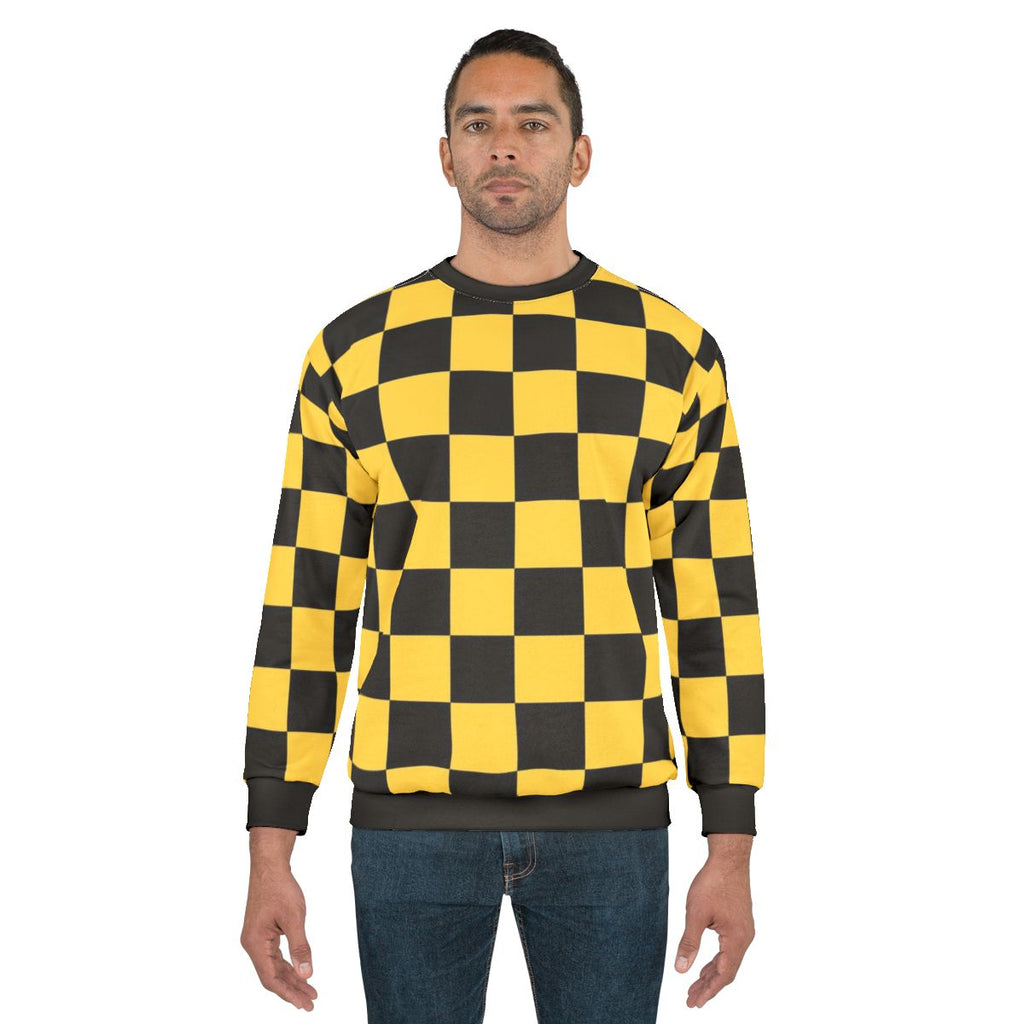 Black and Yellow Checkered Sweatshirt with Geometric Pattern