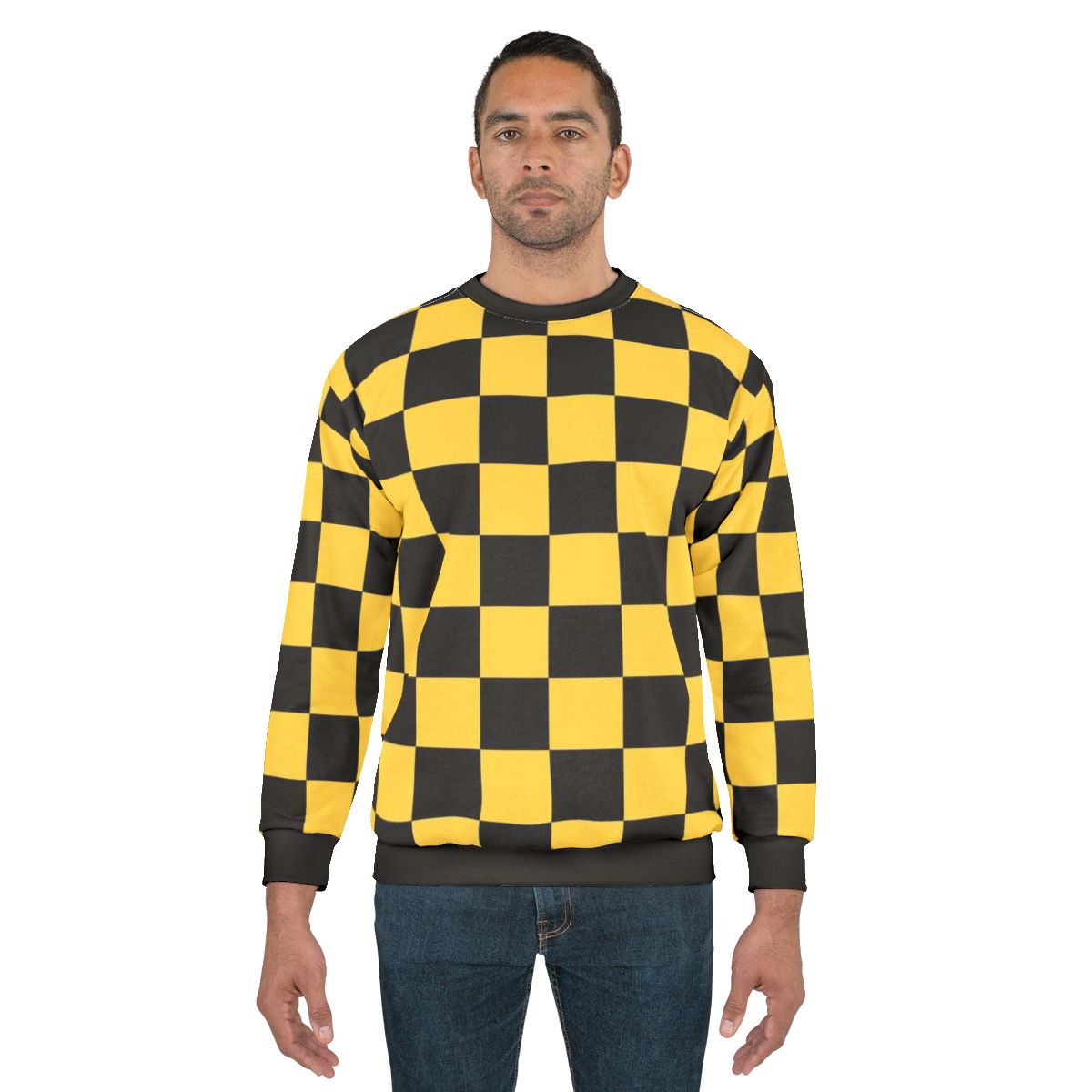 Black and Yellow Checkered Sweatshirt with Geometric Pattern