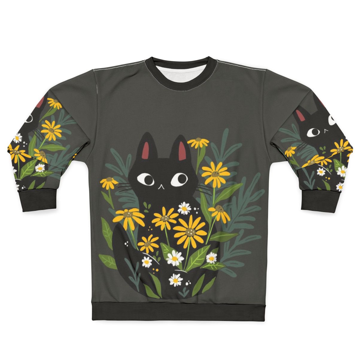 Black cat with colorful flower print on sweatshirt